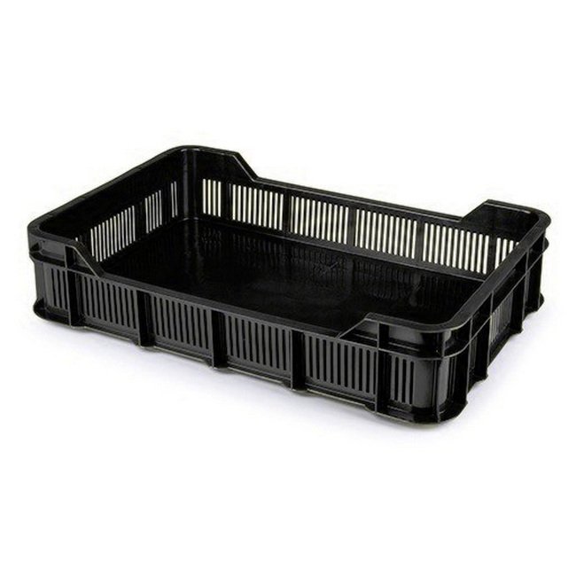 Stack Crate - Plastic Box - Solid Base and Vented Sides - 53 x 35.5 x 11.5 cm - Recycled Material - Black - PI-430-SolidB-black
