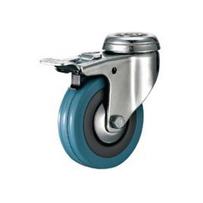 Castor Wheels - Blue Rubber - Bolt Hole Swivel - Brake - 75mm - TOOC437