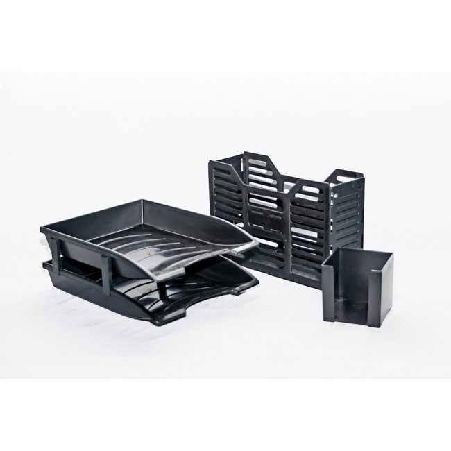 Combo Set - 2 Tier Letter Tray, Doodle Box and A4 Plastic Container - Recycled - Black - 020RCD