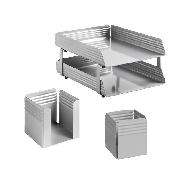 Desk Set - Fluted Steel Range - Metal - Letter Tray - Pencil Cube and Cup - Silver - 514SI