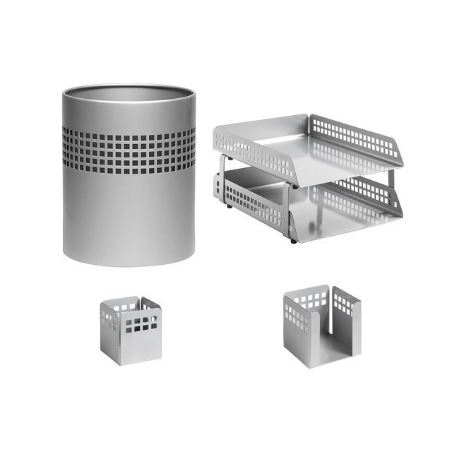 Desk Set - Square Punch Steel Range - Metal - Letter Tray - Waste Bin - Pencil Cube and Cup - Silver - 413SI