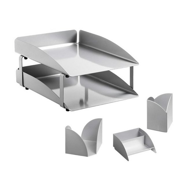 Desk Set - Modern Steel Range - Metal - Letter Tray - Business Card Holder - Pencil Cube and Cup - Silver - 411SI
