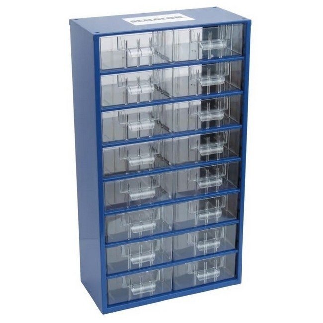 Senator Parts Organiser - Steel Case & Plastic Drawers - 16 Drawers - Transparent - 30.6 x 15.5 x 55.1 cm