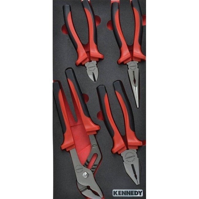 KennedyPro Comfort Grip Pliers Tool Set - 4 Pieces - with 1/3 Width Foam Tool Control Inlay for Tool Roller Cabinets