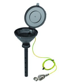 SCAT Funnel with lid "MARCO", V2.0, S50, 140 mm, PE-HD electrostatic conductive, with lance 220 mm, with removable sieve and earthing cable