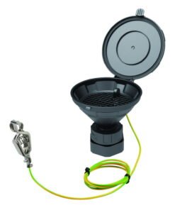 SCAT Funnel with lid "MARCO", V2.0, S65, V2.0, S55, PE-HD electrostatic conductive, Ø 140 mm, with removable sieve and earthing cable