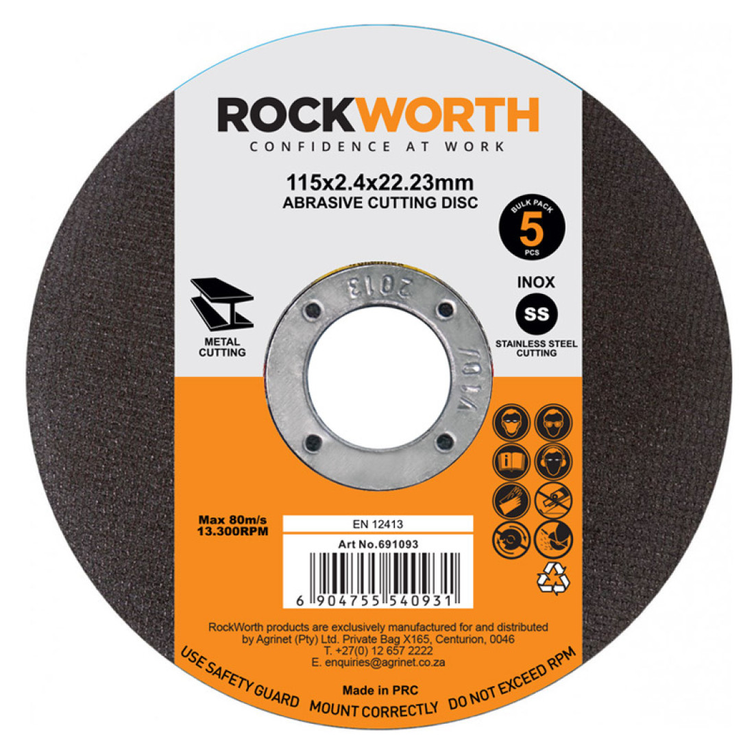 Rockworth Cutting Disc Steel 115X2.5Mm 5Pack